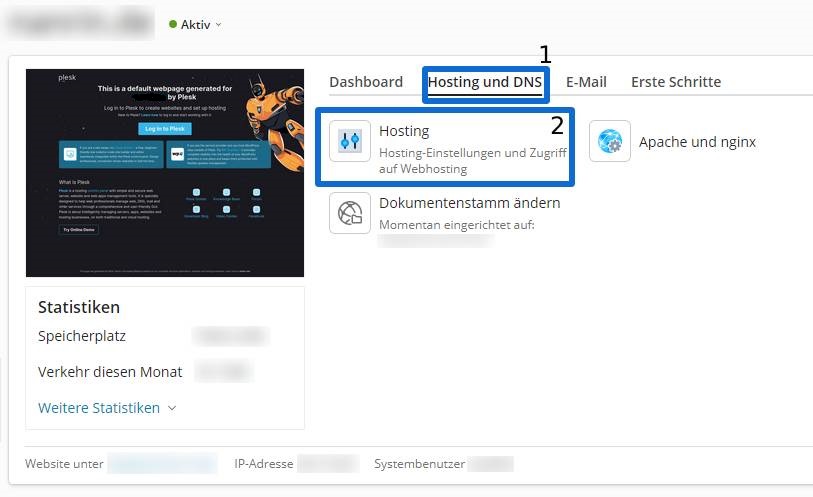 Plesk Hosting-Einstellungen öffnen